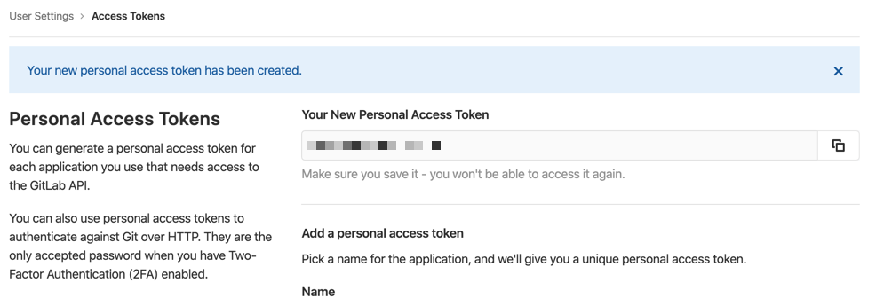 Gitlab access token generated