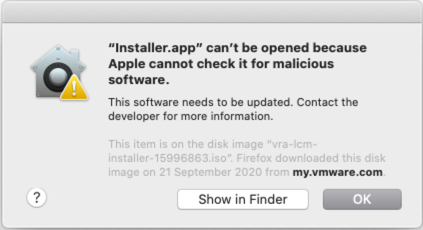 Installer.app can't be opened because Apple cannot check it for malicious software.